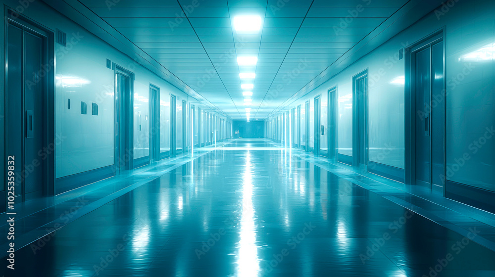 Empty, blue-toned corridor with bright lights reflecting off the glossy floor. Empty, blue-toned corridor with bright lights reflecting off the glossy floor.