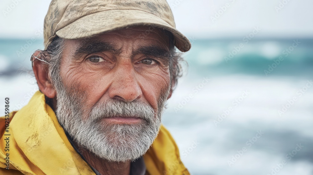 Close-up environmental portrait of a fisherman by the sea, waves in the background Close-up environmental portrait of a fisherman by the sea, waves in the background