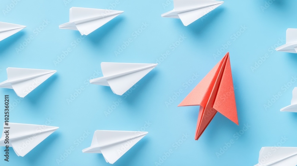 A Single Red Paper Airplane Surrounded by White Paper Airplanes on a Blue Background A Single Red Paper Airplane Surrounded by White Paper Airplanes on a Blue Background