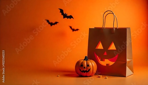 A jack-o'-lantern pumpkin and a Halloween trick-or-treat bag on an orange background with flying bats created with generative ai photo