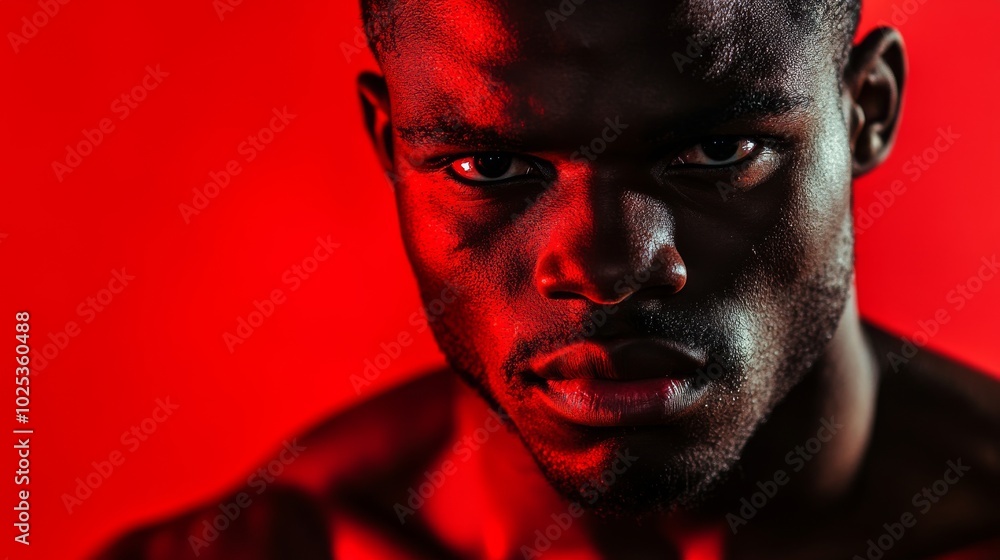 Intense portrait of a black male boxer facing the camera with red lighting, representing athletic challenge and mental preparation Intense portrait of a black male boxer facing the camera with red lighting, representing athletic challenge and mental preparation