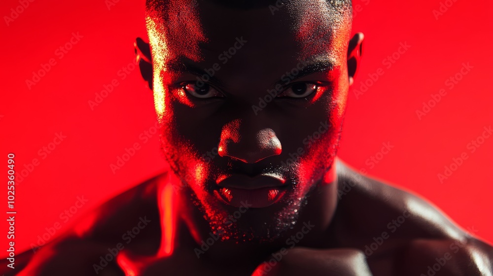 Intense close-up of a muscular black male boxer staring at the camera, illuminated by dramatic red lighting, symbolizing focus, competition, and mental strength in sports Intense close-up of a muscular black male boxer staring at the camera, illuminated by dramatic red lighting, symbolizing focus, competition, and mental strength in sports