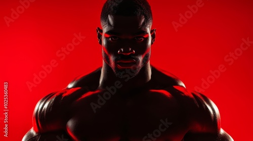 Muscular black male boxer facing the camera with intense focus, highlighted by dramatic red lighting, symbolizing strength, competition, and mental preparation