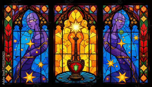 Stained glass window design featuring a mystical figure, snowflakes, and vibrant colors