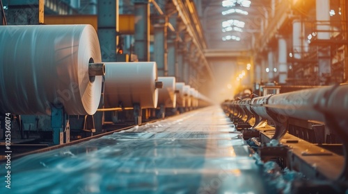 Industrial Conveyor Belt With Rolls of Material in a Factory