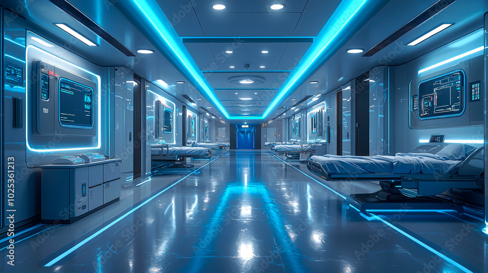 Obraz premium Futuristic hospital hallway with beds, blue neon lights, and a glossy floor.
