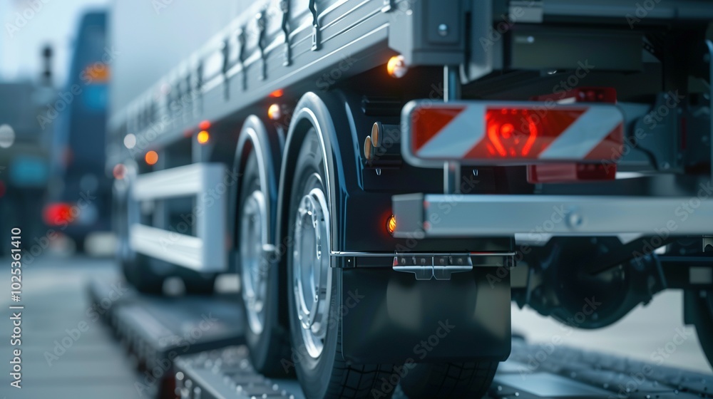 Close-up of a semi-trailer truck's rear wheels, lights, and mud flaps.