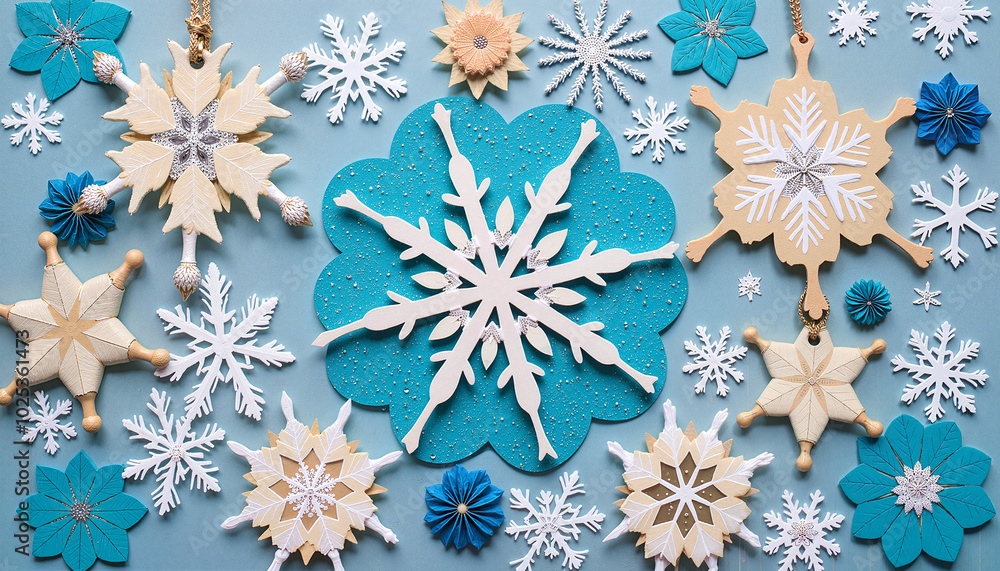 Creative arrangement of wooden and paper snowflakes on a light blue background Creative arrangement of wooden and paper snowflakes on a light blue background