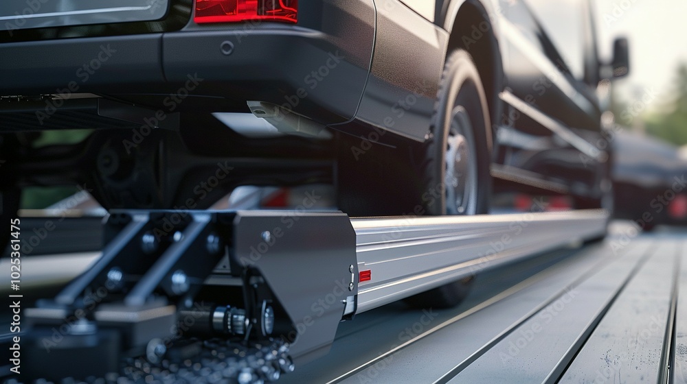 Fototapeta premium Closeup of a black van being loaded onto a tow truck.