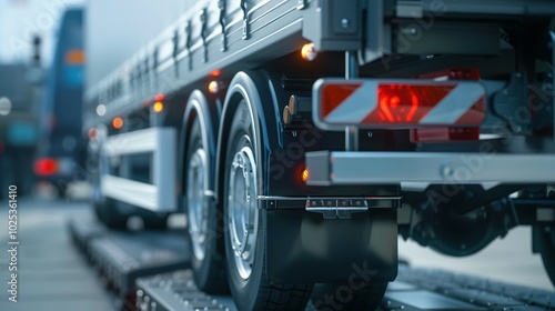 Obraz na płótnie Close-up of a semi-trailer truck's rear wheels, lights, and mud flaps. w salonie