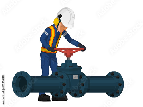Set of worker is operating  the gate valve on white background