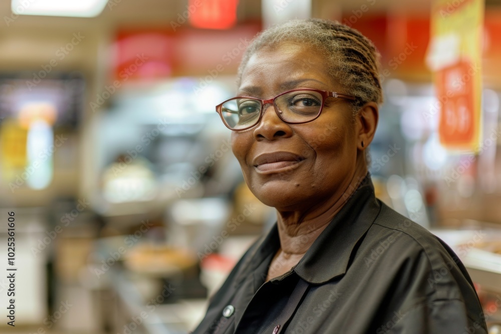 Middle aged adult african american female fast food worker Middle aged adult african american female fast food worker