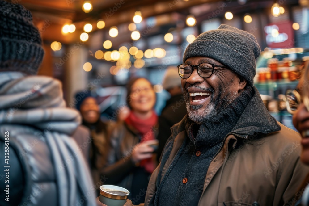 Portrait of a smiling senior man with a cup of coffee on the background of a crowd of people Portrait of a smiling senior man with a cup of coffee on the background of a crowd of people