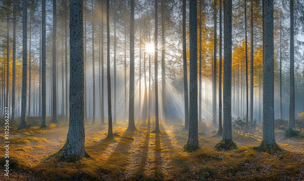 Obraz premium Panorama, spruce forest in autumn with fog, sun shining through the tree trunks