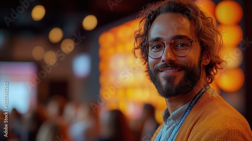 Smiling man with glasses at a lively event