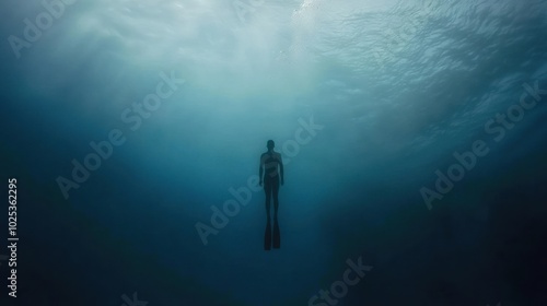 A lone diver swims in the deep blue ocean, their silhouette fading into the distance. The water is clear and the light is dim, creating a sense of mystery and wonder.