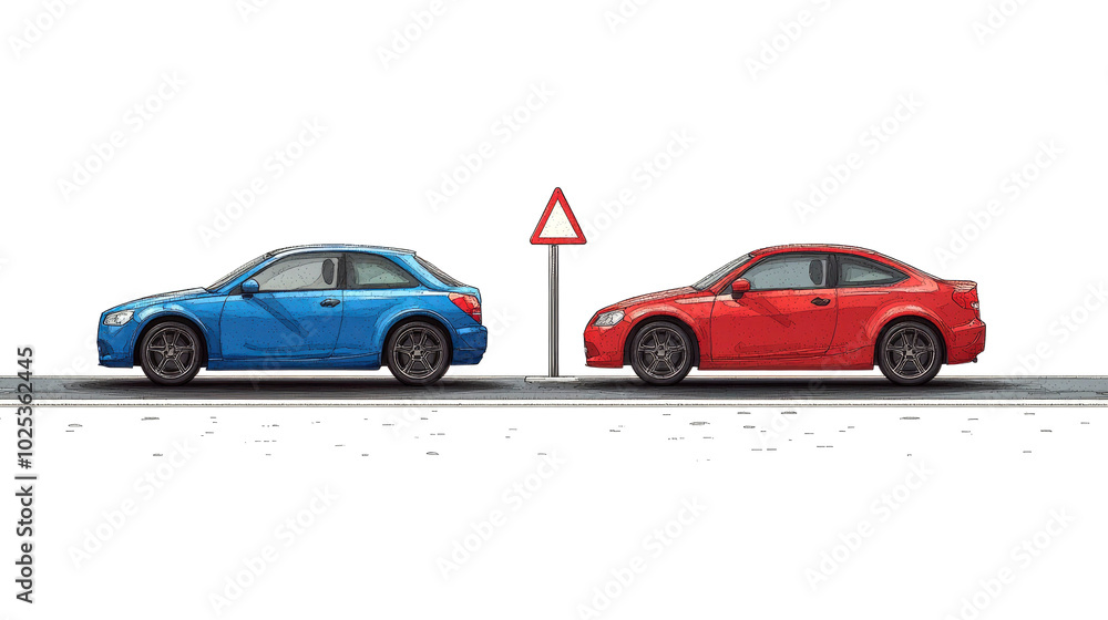 Two cars on a road with a warning sign. Two cars on a road with a warning sign.