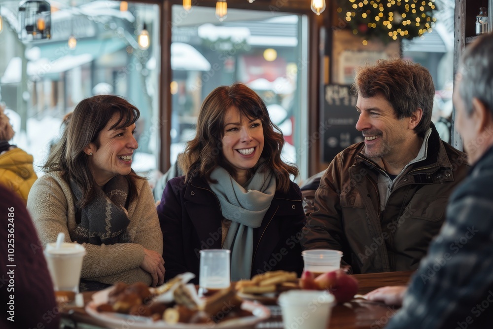 Group of friends having a good time in a pub on a winter day Group of friends having a good time in a pub on a winter day