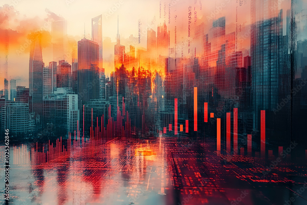 A city skyline with a red and orange sunset in the background. The city is filled with tall buildings and the sky is filled with clouds. The image has a dreamy and surreal feel to it A city skyline with a red and orange sunset in the background. The city is filled with tall buildings and the sky is filled with clouds. The image has a dreamy and surreal feel to it