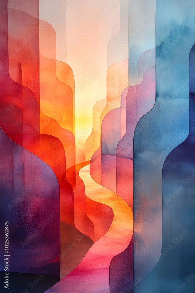 Fototapeta premium A painting of a mountain range with a red sun in the sky. The colors are vibrant and the brushstrokes are bold. The painting evokes a sense of awe and wonder at the beauty of nature