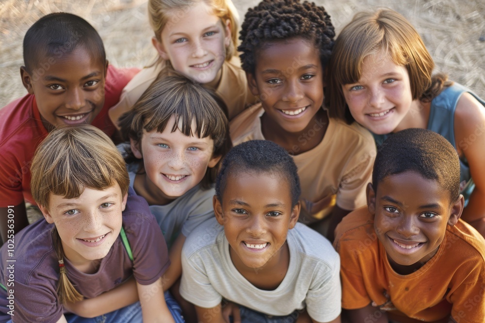 Group of children smiling and looking at camera on a sunny day. Group of children smiling and looking at camera on a sunny day.