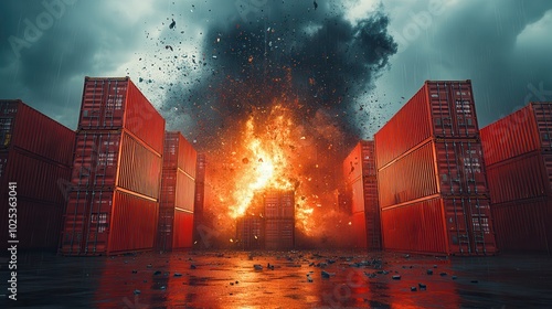 Dramatic Explosion Amidst Shipping Containers at Night