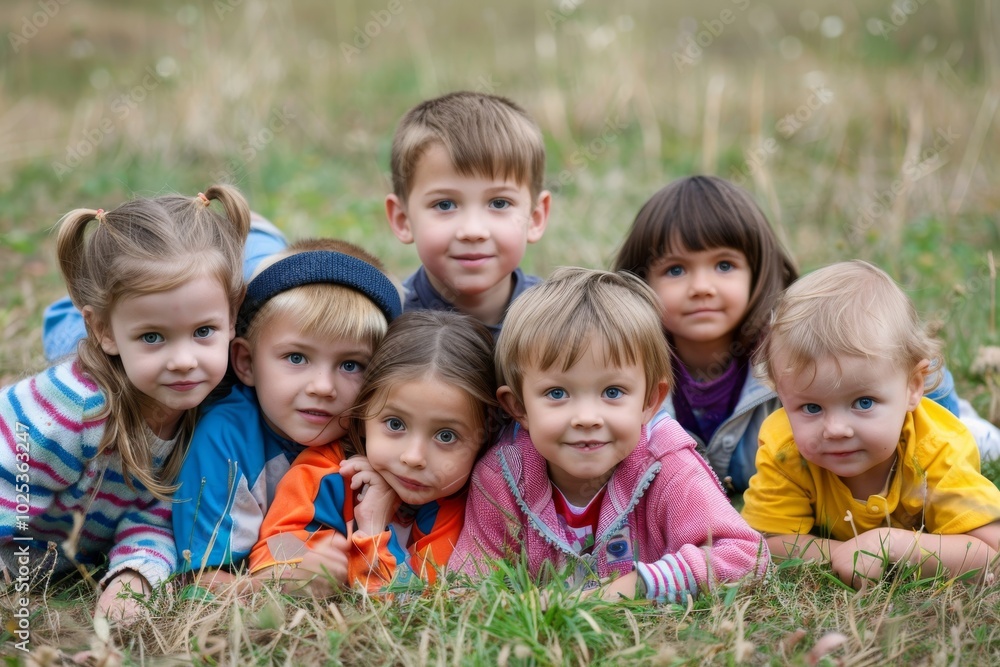 Group of happy children lying on grass in park. Selective focus Group of happy children lying on grass in park. Selective focus