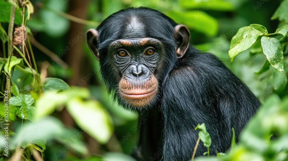A playful bonobo in the jungle, captured in a natural habitat, showcasing its curiosity and agile movement among lush green trees and dense foliage. The bonobo exudes a sense of freedom and exploratio A playful bonobo in the jungle, captured in a natural habitat, showcasing its curiosity and agile movement among lush green trees and dense foliage. The bonobo exudes a sense of freedom and exploratio