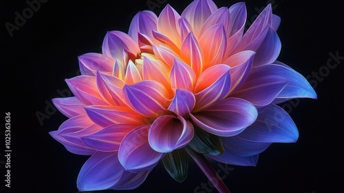 A vibrant purple and orange dahlia flower with a dark background.