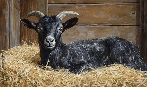 Portrait Valais Blackneck goat grazing on hay in barn photo