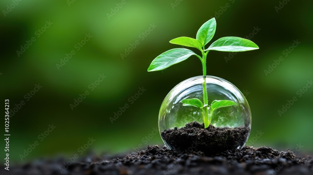 A Small Plant Emerging from a Glass Sphere in Soil A Small Plant Emerging from a Glass Sphere in Soil