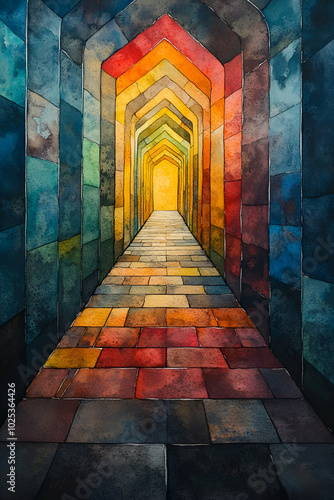 A painting of a long hallway with colorful tiles and a bright yellow light at the end. The hallway is filled with different colors and the light shines through the tiles, creating a sense of warmth