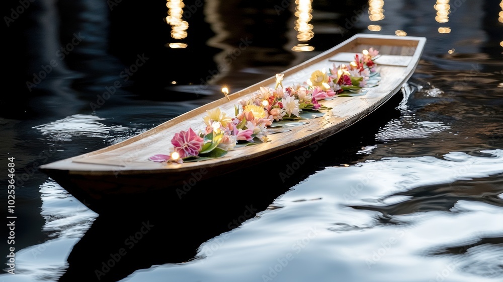 Obraz premium Serene Boat Adorned with Flowers on Calm Water