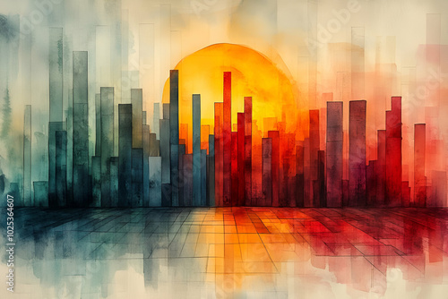 A city skyline with a large red sun in the background. The sun is reflected in the water, creating a serene and peaceful atmosphere