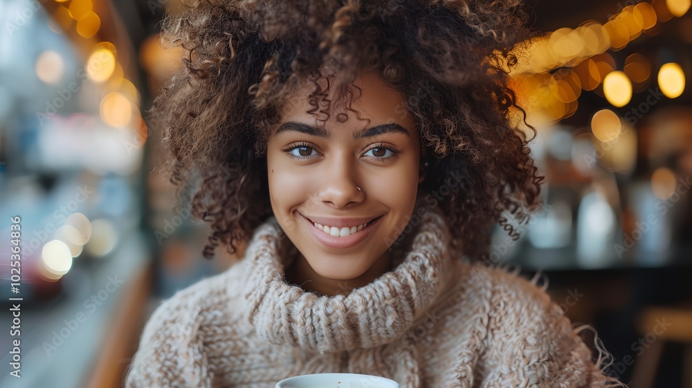 a woman with a cup of coffee in her hand and a blurry background of lights a woman with a cup of coffee in her hand and a blurry background of lights