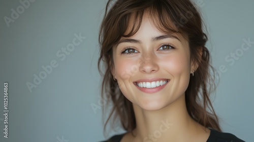 a woman smiling with a gray background behind her