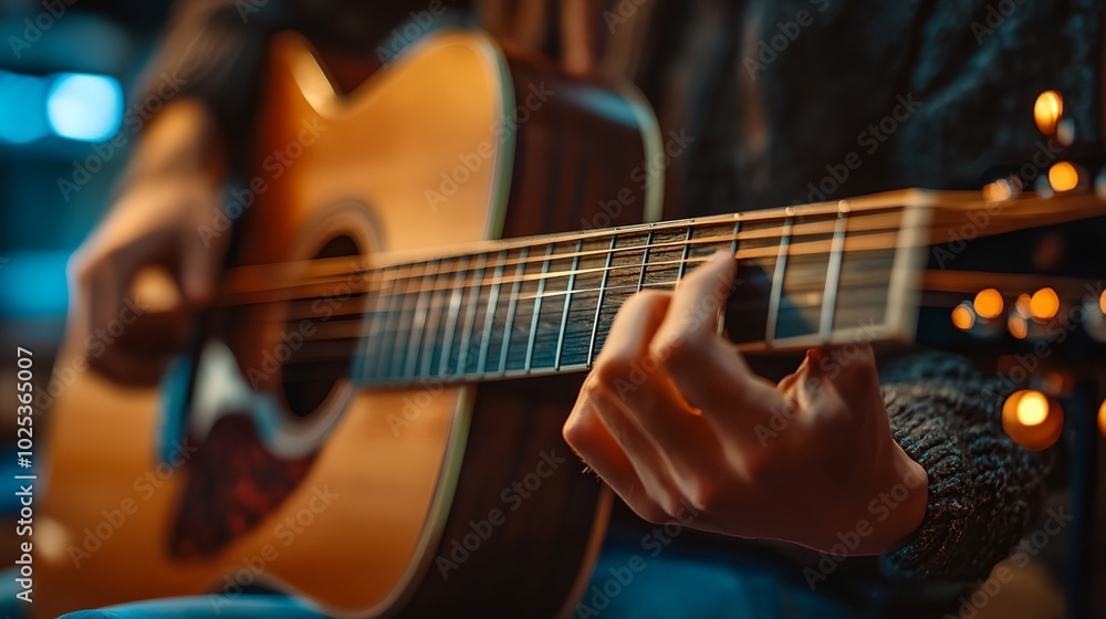 Obraz premium a person playing a guitar with a blurry background of lights