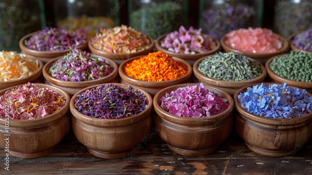 Dried Flower Petals in Wooden Bowls: A Colorful Floral Display Dried Flower Petals in Wooden Bowls: A Colorful Floral Display