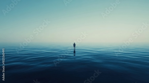 A solitary figure stands in the middle of a vast, calm ocean, with only their silhouette visible against the hazy horizon.