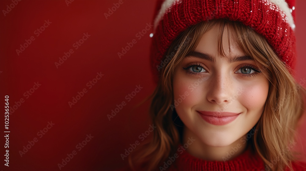 A woman with a red hat and sweater is smiling A woman with a red hat and sweater is smiling