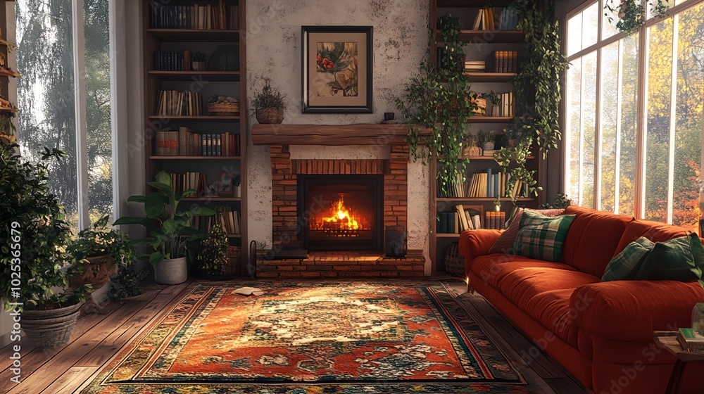 Obraz premium a living room with a fire place and a rug on the floor