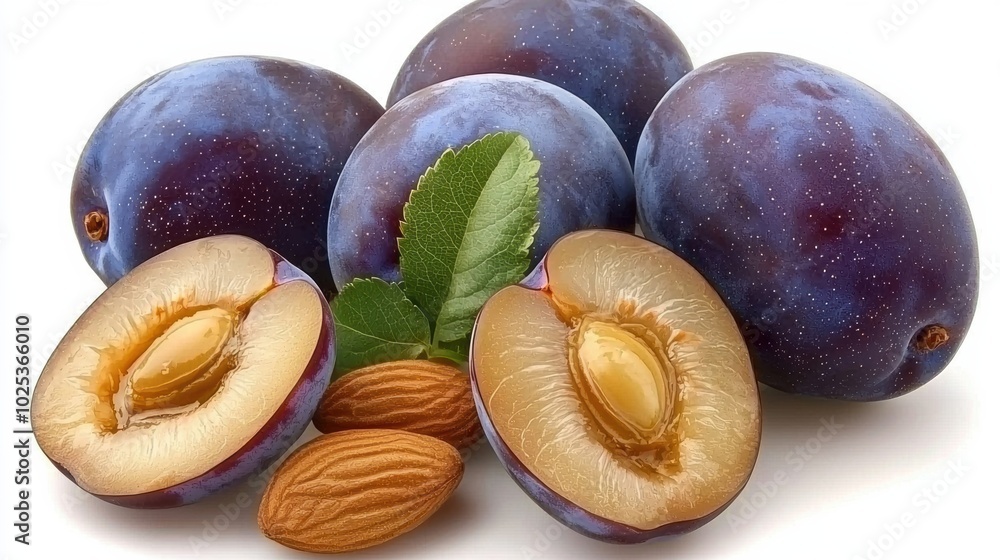 Fototapeta premium Fresh Plums and Almonds on White Background