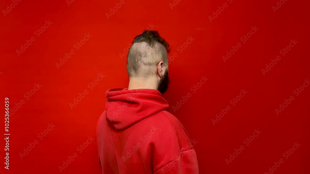 Young adult man with beard and mohawk and beard in red sweatshirt stands with his back, turns sharply, looks at camera, frowns, lowers eyebrow on scarlet background. Horizontal 4K video. Copy space Young adult man with beard and mohawk and beard in red sweatshirt stands with his back, turns sharply, looks at camera, frowns, lowers eyebrow on scarlet background. Horizontal 4K video. Copy space