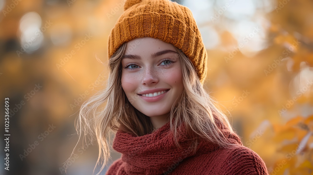 a woman wearing a knitted hat and scarf smiles at the camera while standing in front of a tree a woman wearing a knitted hat and scarf smiles at the camera while standing in front of a tree