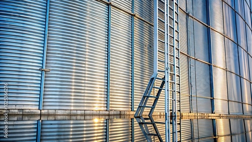 Broken rung on grain silo ladder reflecting in sunlight