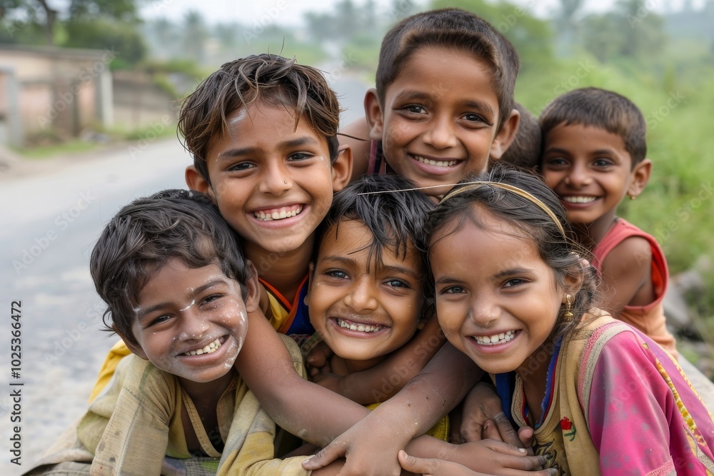 Group of indian kids smiling and looking at camera on the road Group of indian kids smiling and looking at camera on the road