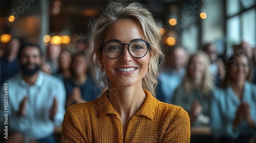 Happy Woman Smiling in a Conference Audience Setting