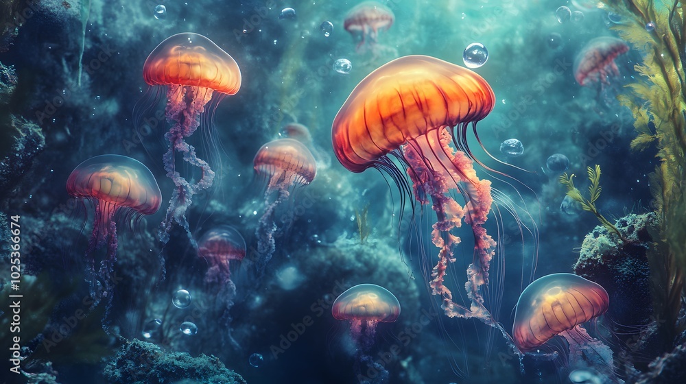A Group of Bioluminescent Jellyfish in an Underwater Cave A Group of Bioluminescent Jellyfish in an Underwater Cave