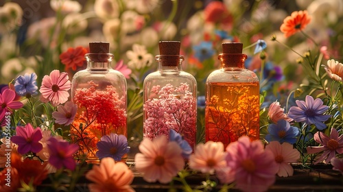 Floral Bottles in a Garden of Delicate Blooms