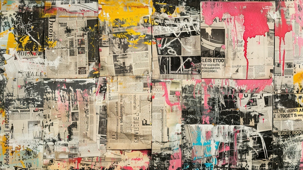 Abstract Collage of Torn Newspaper and Paint Splashes Abstract Collage of Torn Newspaper and Paint Splashes